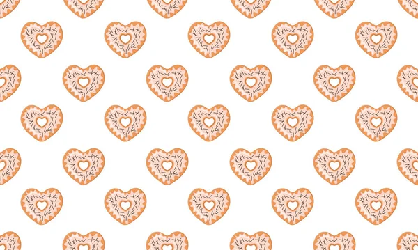 心形甜甜圈无缝图案 情人节甜甜的甜甜圈浪漫的背景 剪纸或包装纸 餐巾或桌布的设计 矢量卡通画 — 图库矢量图片