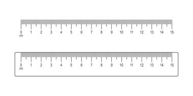 Beyaz arka planda 15 santimetrelik ölçek ve cetvel izole edilmiş. İşaretleme ve sayılarla uzaklık, boy ya da uzunluk ölçümü için matematik ya da geometrik araç. Vektör grafik illüstrasyonu.