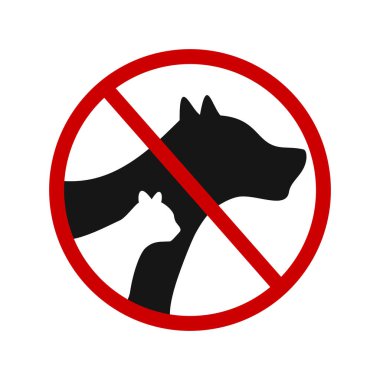 Hayvan beslemek yasak. Köpekler ve kediler için sembol yasaktır. Hayvanlar piktogramı yasakladı. Kırmızı işaretli kedi ve köpek siluetleri beyaz arka planda izole edilmiş. Vektör grafik illüstrasyonu
