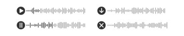 Ses dosya simgeleri. Sesli mesaj resimleri. Beyaz arkaplanda izole edilmiş ses sohbet ögeleri, çalma, durdurma, indirme düğmeleri ve konuşma dalgaları. Haberci mobil uygulama arayüzü. Vektör grafiği