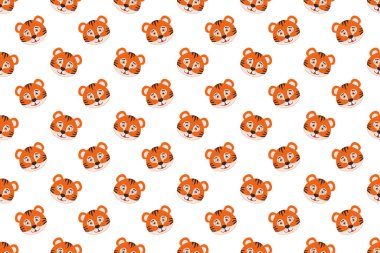 Sevimli kaplan kafaları pürüzsüz. Komik hayvan karakteri arka plana bakıyor. Bebek örtüsü, hatıra defteri ya da ambalaj kağıdı, kumaş çocuk tasarımı. Vektör çizgi film illüstrasyonu