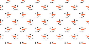 Gülen komik kardan adam kusursuz bir desen çiziyor. Kış, Noel ya da yeni yıl hatıra defteri ya da ambalaj kağıdı, kumaş, peçete, masa örtüsü tasarımı. Vektör düz resimleme