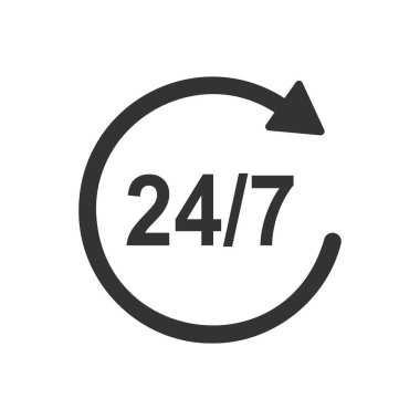 24 7 simgesi ve dönen oklarda numaralar. Saat başı müşteri destek etiketi. 24 saat açık dükkan, benzin istasyonu, teslimat işareti beyaz arka planda. Vektör grafik illüstrasyonu