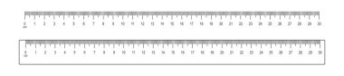 30 santimetre ölçek ve cetvel şablonu. İşaretli uzaklık, yükseklik veya uzunluk ölçümü için matematik veya geometrik araç ve beyaz arkaplanda izole edilmiş sayılar. Vektör özet çizimi