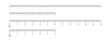6 ve 12 inçlik cetvel ölçeği ile numaralar olsun olmasın. İşaretli bir metre ölçü tablosu. Uzaklık, boy ya da uzunluk ölçüm matematiği ya da dikiş aleti. Vektör grafik illüstrasyonu