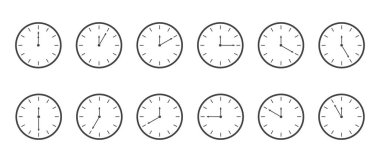 Geri sayım zamanlayıcısı veya kronometre simgeleri ayarlandı. Farklı zaman aralıklarına sahip saatler beyaz arka planda izole edildi. Yemek pişirmek ya da spor yapmak için bilgi. Vektör grafik illüstrasyonu.