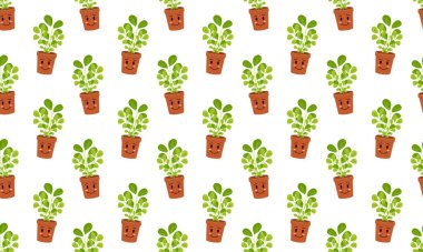 Esrarlı, pürüzsüz desenli sevimli bitki karakterleri. Mutlu çiçekli ev çiçekleri arka planı. Tahlil defteri ya da ambalaj kağıdı tasarımı, kumaş baskısı. Vektör çizgi film illüstrasyonu