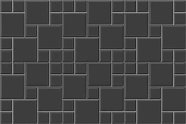 Siyah çoklu fırıldak kiremit deseni. Mutfak mozaik yüzeyi. Banyo, duş ya da tuvalet zemin dekorasyonu. Kaldırım dokusu. Taş ya da seramik tuğla duvar arkaplanı. Vektör düz resimleme