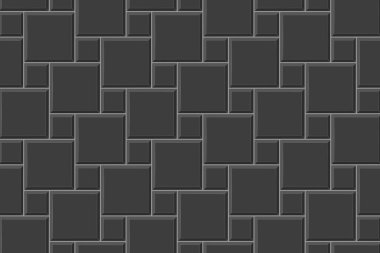 Siyah seksek fayanslarının dikişsiz deseni. Taş ya da seramik tuğla duvar arkaplanı. Mutfak arkaplanı mozaik dokusu. Banyo, duş ya da tuvalet zemini. Kaldırım dokusu. Vektör düz resimleme