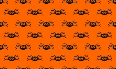 Turuncu arka planda şirin siyah örümcekler. Cadılar Bayramı partisi kusursuz. Koleksiyon defteri ya da ambalaj kağıdı, kumaş tasarımı, tekstil baskısı. Vektör çizgi film illüstrasyonu