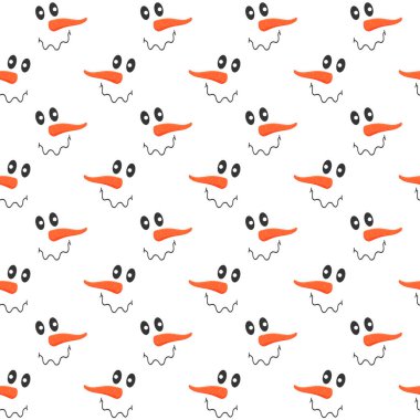 Kıvrımlı ağızları ve pürüzsüz havuç burunlarıyla gülen kardan adam yüzleri. Kış, Noel ya da yeni yıl hatıra defteri ya da paket kağıdı, kumaş, peçete ya da masa örtüsü baskısı. Vektör illüstrasyonu