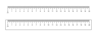 20 santimetrelik ölçek ve cetvel şablonu beyaz arka planda izole edilmiş. İşaretleme ve sayılarla uzaklık, boy ya da uzunluk ölçümü için matematik ya da geometrik araç. Vektör özet çizimi
