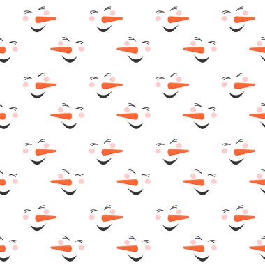 Gülen komik kardan adam kusursuz bir desen çiziyor. Şirin Kış, Noel ya da Yeni Yıl hatıra defteri ya da paket kağıdı, kumaş peçete ya da masa örtüsü tasarımı. Vektör karikatür çizimi