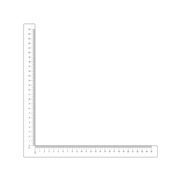 stock vector 25 centimeters corner ruler template. Measuring tool with vertical and horizontal lines with cm and mm markup and numbers. Vector graphic illustration isolated on white background