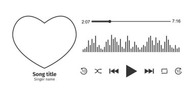 Kalp şeklinde şarkı çerçevesi, farklı düğmeler, zamanlayıcı ve eşitleyici yüklü müzik çalar arayüzü tasarımı. Yatay düzenleme. Vektör illüstrasyonu beyaz arkaplanda izole edildi