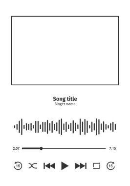 Şarkı kapağı için kare arayüzü, eşitleyici, ilerleme çubuğunu zamanlayıcıyla yükleme, popo karıştırma, geri sarma, çalma, ileri sarma, tekrar etme. MP3 çalar şablonu. Vektör grafik illüstrasyonu