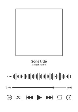 Audio player interface with frame for song cover, sound wave, loading bar with timer and shuffle, rewind, play, fast forward, repeat buttoms. Audio player template. Vector graphic illustration