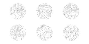 Topografik ya da yuvarlak şekilli ahşap doku. Elle çizilmiş kabartma hattı. Beyaz arka planda izole edilmiş grafiksel arazi pulları. Vektör özet çizimi.