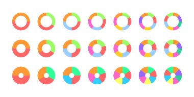 Set of colorful donut or pie chart. Circle division on 2, 3, 4, 5, 6, 7, 8 equal parts. Wheel diagrams with two, three, four, five, six, seven, eight segments. Vector flat illustration
