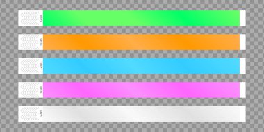 Kağıt olay bileklik şablonları. Bileklikler konser, festival, sinema, parti, şeffaf arka planda disko girişi için. Hastanın el bantları. Vektör illüstrasyonu
