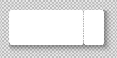 Boş beyaz bilet maketi. Sinema, uçak, konser, parti, müze, festival, tiyatro için kağıt giriş bileti, şeffaf arka planda izole edilmiş sergi. Vektör gerçekçi illüstrasyon