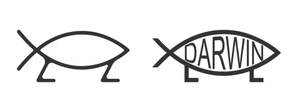 다윈의 물고기 아이콘입니다 Ichthys 별자리의 그리스 물고기는 배경에서 패러디 기호를 — 스톡 벡터