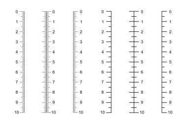 Dikey cetvel ölçeği 10 santimetre. Ölçüm tablosu. Uzaklık, boy ya da uzunluk ölçüm matematiği ya da dikiş aleti. Vektör grafik illüstrasyonu.