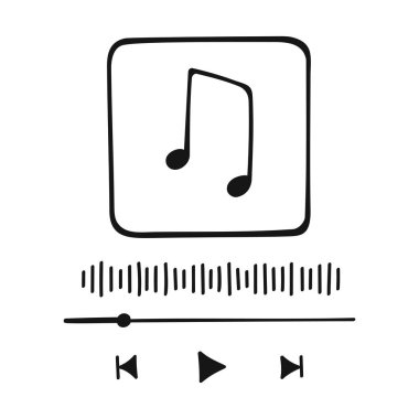 Doodle stili müzik çalar arayüzü, popolar, yükleme çubuğu, ses dalgası işareti ve albüm fotoğrafı için çerçeve. El çizimi ses oynatıcı şablonu. Vektör grafik illüstrasyonu.