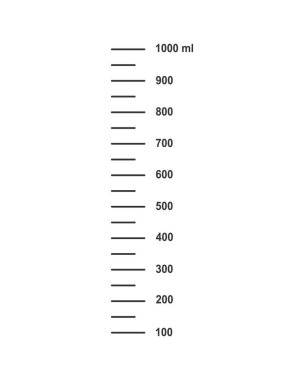 Beyaz arka planda izole edilmiş ölçüm bardakları ya da kimya şişeleri için 1 litre ya da 1000 ml sıvı hacim ile ölçeklendir. Vektör grafik illüstrasyonu.