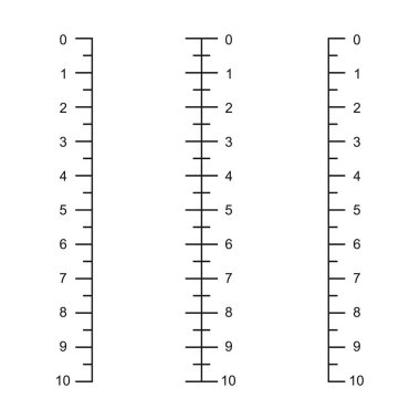 10 cm 'lik dikey cetvel ölçeği seti. Tabloları santimetre cinsinden ölçüyorum. Uzaklık, boy ya da uzunluk ölçüm matematiği ya da dikiş aletleri. Vektör grafik illüstrasyonu