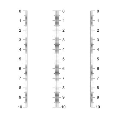 Dikey cetvel ölçeği 10 santimetre. Çizelge şablonları ölçülüyor. Uzaklık, boy ya da uzunluk ölçümü matematiği ya da beyaz arkaplanda izole edilmiş dikiş aracı. Vektör grafik illüstrasyonu