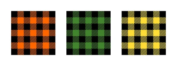 ハロウィーンまたは感謝祭の日シームレスなパターン 黒とオレンジ グリーン 黄色のガンガムの平らなテクスチャ 秋の毛布 ナプキンまたはテーブルクロスのためのチェッカーされた設計 ベクトルフラットイラスト — ストックベクタ