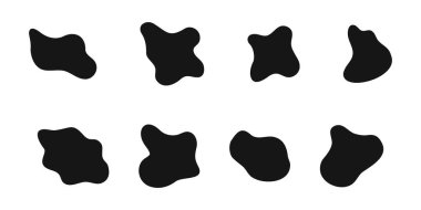 Düzensiz şekil simgeleri seti. Organik kabarcıklar, su lekeleri, sıvı mürekkep lekeleri, beyaz arka planda izole edilmiş kabarcıklar. Asimetrik amip şekilli şekiller. Vektör grafik illüstrasyonu