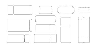 Taslak çekiliş ya da kupon ikonları. Uçak, konser, sinema, müze, festival, tiyatro, sirk biletleri, beyaz arka planda izole edilmiş sergi. Vektör grafik illüstrasyonu