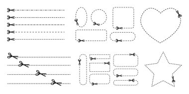 Kupon, kupon, satış sayfası, ambalaj için kesilmiş tabelalar. Noktalı çizgilere ve çerçevelere sahip makas simgeleri kare, daire, dikdörtgen, yıldız, beyaz zemin üzerinde kalp şeklinde. Vektör illüstrasyonu