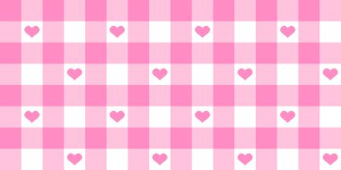 Pembe, beyaz kareler ve kalplerle donatılmış arka plan. Masa örtüsü, peçete, havlu ya da battaniye. Piknik kumaşı. Sevgililer Günü hatıra defteri ya da kağıt baskısı.