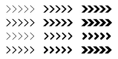 Farklı kalınlıkta siyah işaretli oklar seti. Tekrarlanan V şeklindeki çizgilerle süslenmiş. İşaretçi, yol uyarısı, ordu, yön bulma işaretleri beyaz arka planda izole edilmiş. Vektör düz resimleme