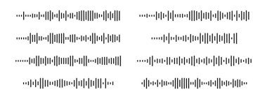 Bir dizi ses dalgası ikonu. Sesli mesaj, sesli sohbet mesajı, sesli kayıt işaretleri. Beyaz arkaplanda izole edilmiş canlı yayın, podcast, radyo, müzik çalar, eşitleyici piktogramlar. Vektör grafik illüstrasyonu
