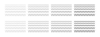 Zigzag ve farklı kalınlıkta yatay dalga çizgileri. Basit, pürüzlü ve dalgalı sınırlar. Sinüs, su, sıvı, hava veya rüzgar sembolleri beyaz arka planda izole edilmiş. Vektör özet çizimi.