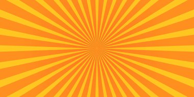 Radyal sarı ve turuncu çizgiler yatay arkaplan. Güneş patlaması, yıldız patlaması, güneş ışığı, gün doğumu deseni. Sürpriz, hız, flaş veya patlama çizgi film etkisi. Pop Art Duvar Kağıdı. Vektör düz resimleme