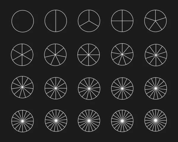 循环分为1到20个部分 圆圆的形状切割成等长的切片 一组白色扇形图 甜甜圈 比萨饼或饼图模板被隔离在黑色背景中 矢量概要说明 图库插图