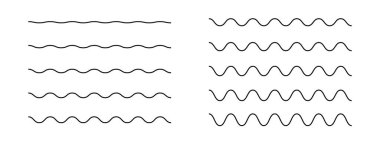 Yatay dalgalı çizgiler. Basit dalgalı sınırlar. Beyaz arka planda izole edilmiş sinüs, su, sıvı, hava veya rüzgar sembolleri. Nehir, deniz, göl veya okyanus işaretleri. Vektör özet çizimi.