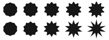 Güneş, güneş ışığı, güneş ışığı, güneş ikonları. Dairesel rozetler, pullar, etiketler, fiyat veya promokod etiketleri zikzak ve dalgalı kenarlı. Beyaz arkaplanda izole edilmiş siyah indirim ya da satış etiketleri koleksiyonu