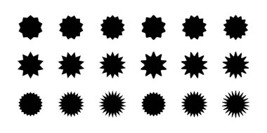 Yuvarlak rozetler, pullar, etiketler, zikzak ve dalgalı kenarlı etiketler. Güneş, güneş ışığı, güneş ışığı, güneş ikonları. İndirim, satış, promokod etiketleri beyaz arka planda izole edilmiş. Vektör düz resimleme