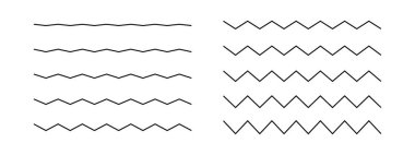 Yatay zikzak çizgileri. Sivri uçlu kenarlar ya da bölgenler. Farklı bükülme genliklerine sahip tırtıklı çizgiler. Su, sıvı, hava, beyaz arka planda izole edilmiş rüzgar sembolleri. Vektör özet çizimi
