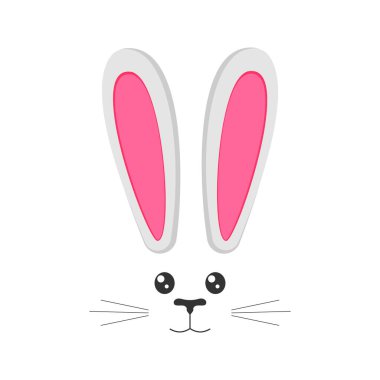 Kulakları, gözleri, burnu, ağzı ve bıyıkları olan sevimli tavşan maskesi. Paskalya kostümü, parti, fotoğraf çekimi, kutlama kartı, kutlama afişi için dekorasyon malzemesi. Vektör düz resimleme