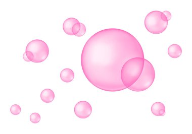 Pembe cam ya da plastik toplar. Çilekli sakız dokusu. Sabun köpüğü, banyo köpüğü, temizleyici sıvı, tatlı köpüklü su. Glutathione, bakuchiol, gül yağı, serum damlaları. Vektör gerçekçi illüstrasyon.