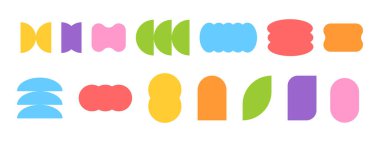 Moda vahşiliği tarzında soyut şekiller. Basit geometrik simgeler. Modern minimalist semboller. Estetik fütüristik süsler. İlkel çağdaş figürler. Vektör düz resimleme. 