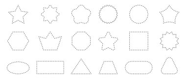 Kesik çizgileri olan geometrik şekiller. Noktalı daire, kare, dikdörtgen, oval, yıldız, taç ve beyaz arkaplanda izole edilmiş üçgen figürler. Piktogramları kes. Vektör özet çizimi.