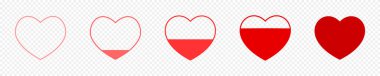 Boş ve dolu kırmızı kalp simgeleri. Tutku seviyesini ya da kalp sağlığı sembollerinin derecesini ölçmek. Şeffaf arkaplanda aşk sayacı işaretleri var. Vektör düz resimleme.